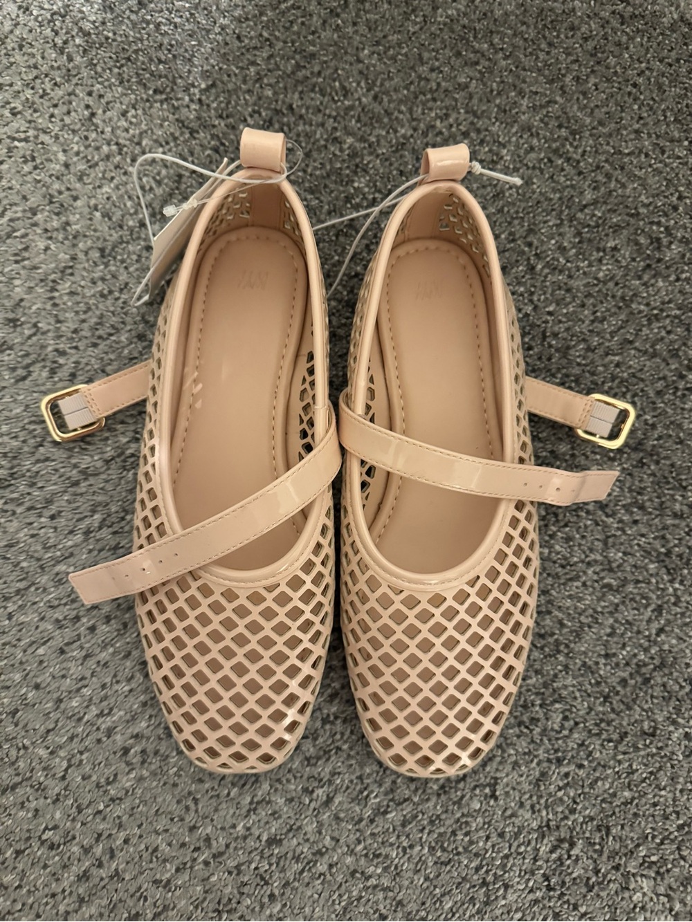H&M Blush Nude Mary Jane Mesh Flats with Gold Buckle
